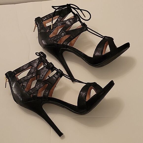 WILD DIVA LOUNGS GIVE ME  FEVER BLACK SNAKESKIN LACE-UP HEELS SANDAL - Picture 10 of 13